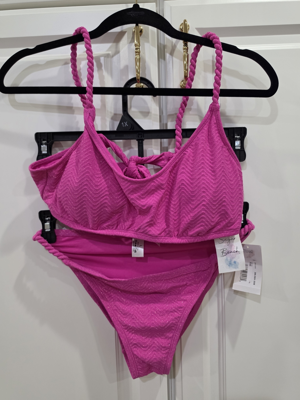 Sugar Beach Hot Pink Textured Bikini Set with Braided Straps